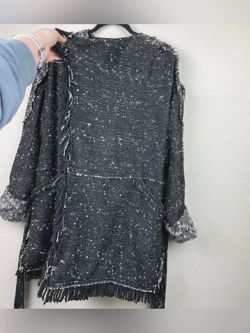 Free People Women's XS Fringe Wrap Blanket Coat Jacket Tie Waist Black Combo